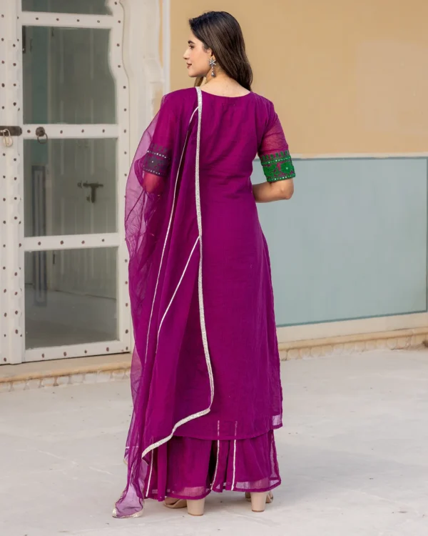 Women Magenta Aari Work Sharara Suit Set - Image 4