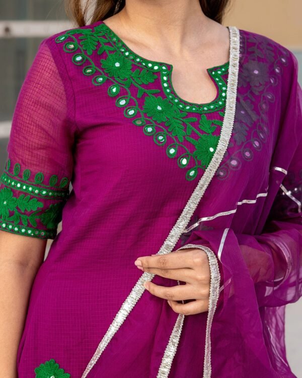 Women Magenta Aari Work Sharara Suit Set - Image 2