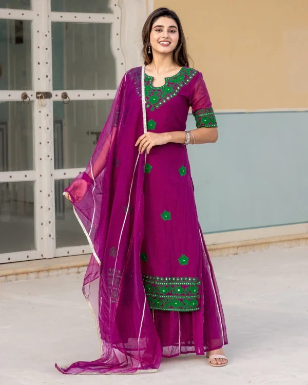 Women Magenta Aari Work Sharara Suit Set