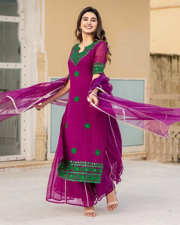 Women Magenta Aari Work Sharara Suit Set - Image 3