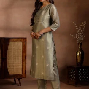 Women Brown Printed Silk Straight Suit With Dupatta