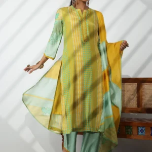 Women Yellow Printed Cotton Blend Straight Suit With Dupatta