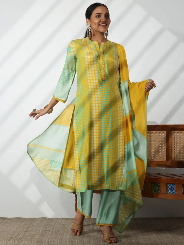 Women Yellow Printed Cotton Blend Straight Suit With Dupatta