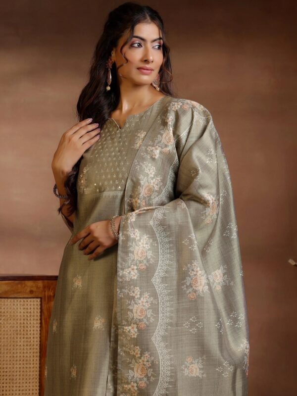 Women Brown Printed Silk Straight Suit With Dupatta - Image 2
