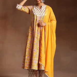 Women Yellow Printed Cotton Anarkali Suit With Dupatta