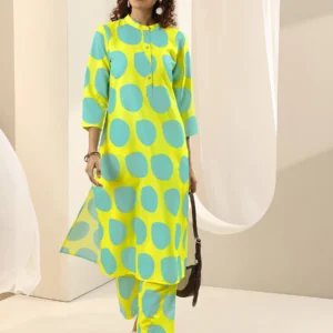 Women Yellow Printed Rayon Straight Kurta Set
