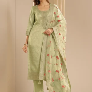Women Green Woven Design Silk Blend Straight Suit Set With Dupatta