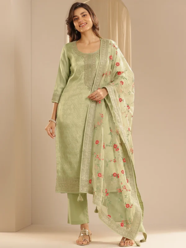 Women Green Woven Design Silk Blend Straight Suit Set With Dupatta