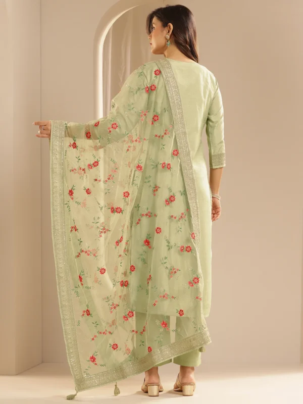 Women Green Woven Design Silk Blend Straight Suit Set With Dupatta - Image 5