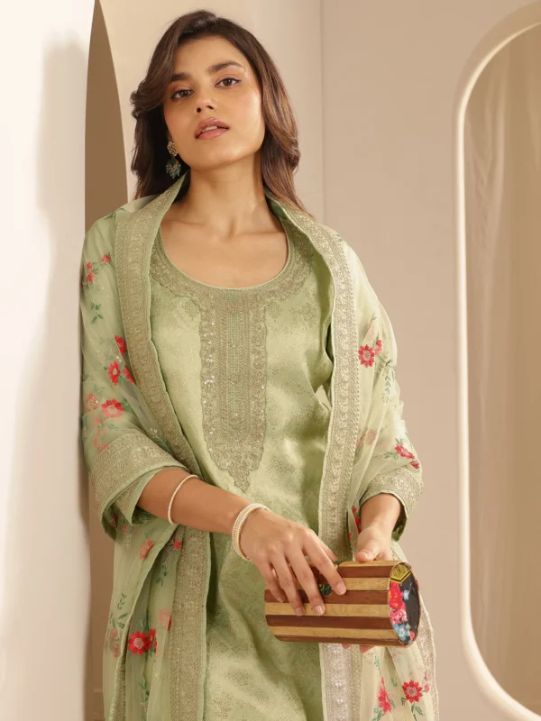 Women Green Woven Design Silk Blend Straight Suit Set With Dupatta - Image 7