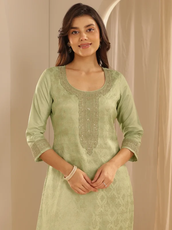 Women Green Woven Design Silk Blend Straight Suit Set With Dupatta - Image 2