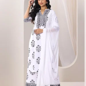 Women White Printed Cotton Blend Straight Suit Set With Dupatta