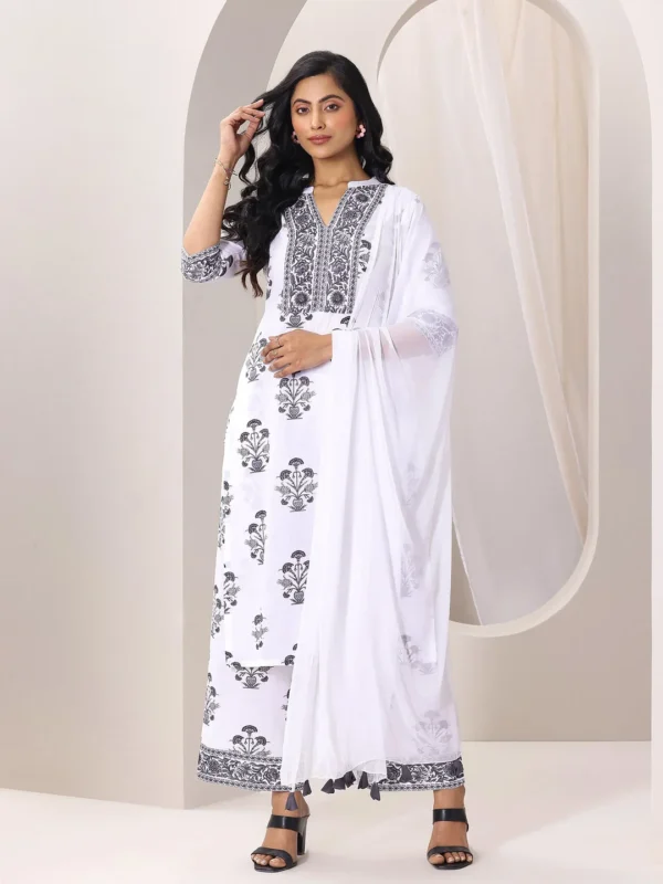 Women White Printed Cotton Blend Straight Suit Set With Dupatta