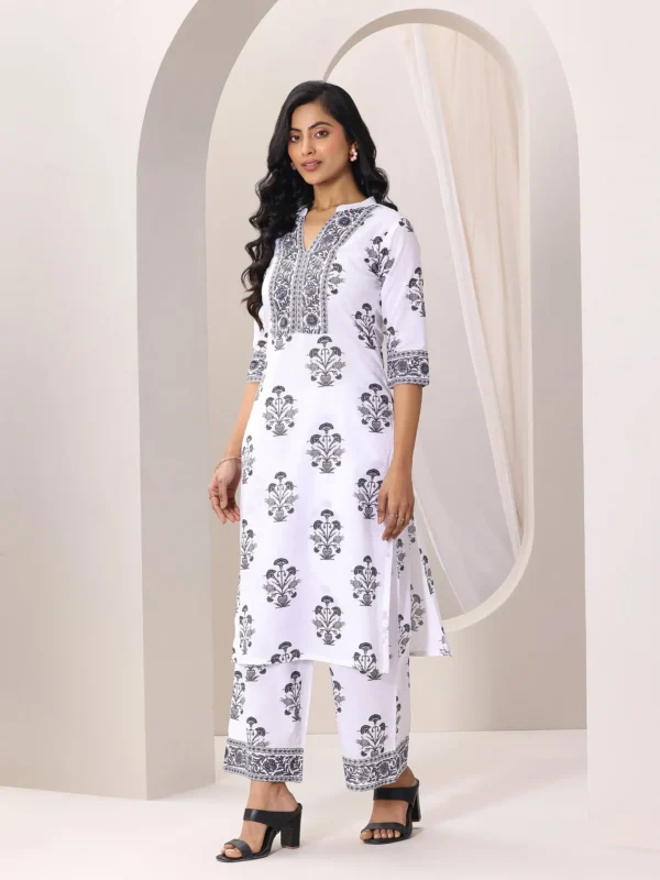 Women White Printed Cotton Blend Straight Suit Set With Dupatta - Image 5