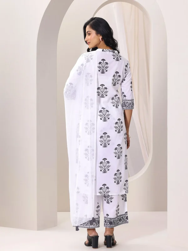 Women White Printed Cotton Blend Straight Suit Set With Dupatta - Image 4