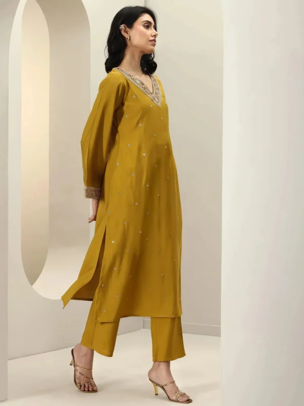 Women Mustard Embroidered Silk Blend Straight Suit Sets With Dupatta - Image 2