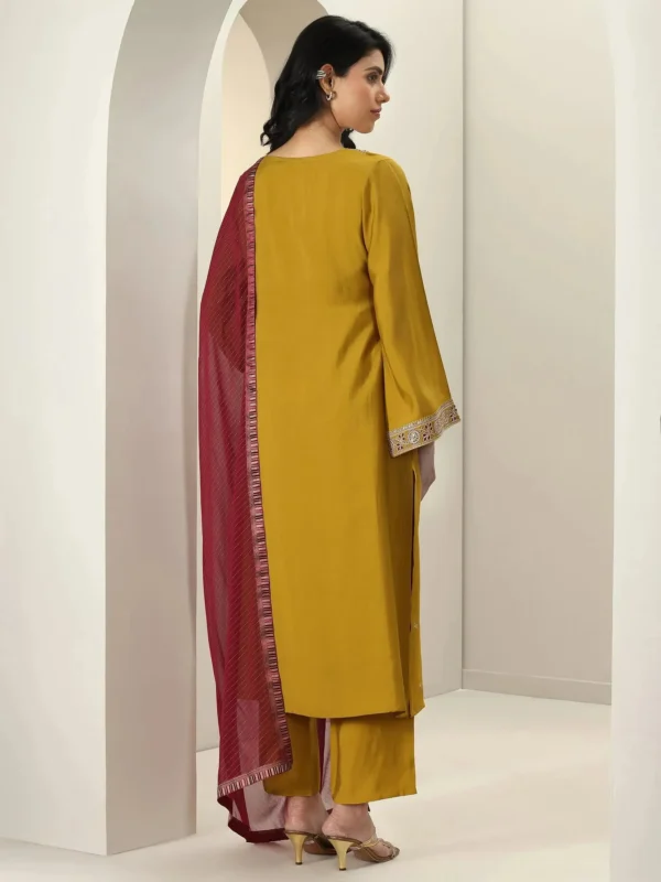 Women Mustard Embroidered Silk Blend Straight Suit Sets With Dupatta - Image 3