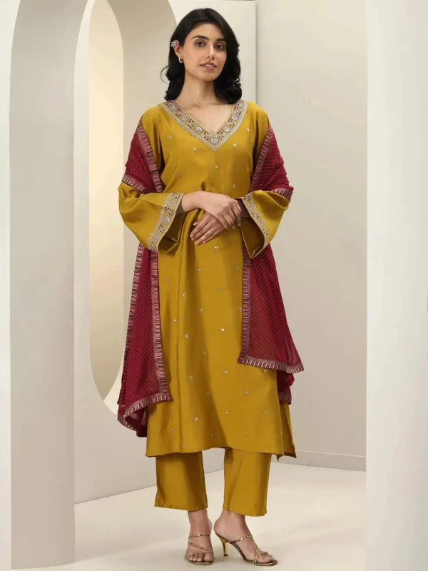 Women Mustard Embroidered Silk Blend Straight Suit Sets With Dupatta - Image 6