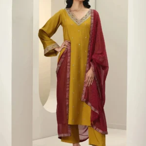 Women Mustard Embroidered Silk Blend Straight Suit Sets With Dupatta