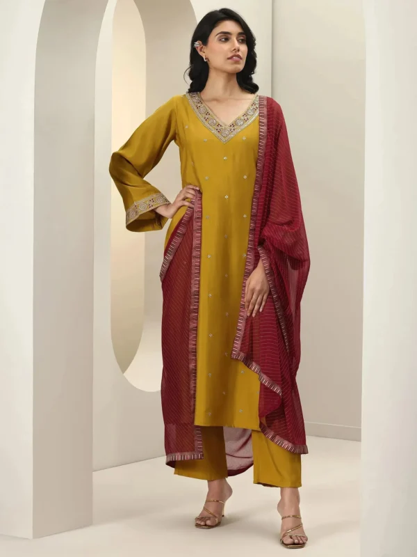 Women Mustard Embroidered Silk Blend Straight Suit Sets With Dupatta