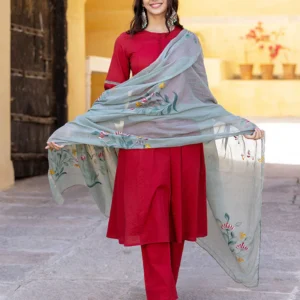 Women Crimson Handpainted Suit Set