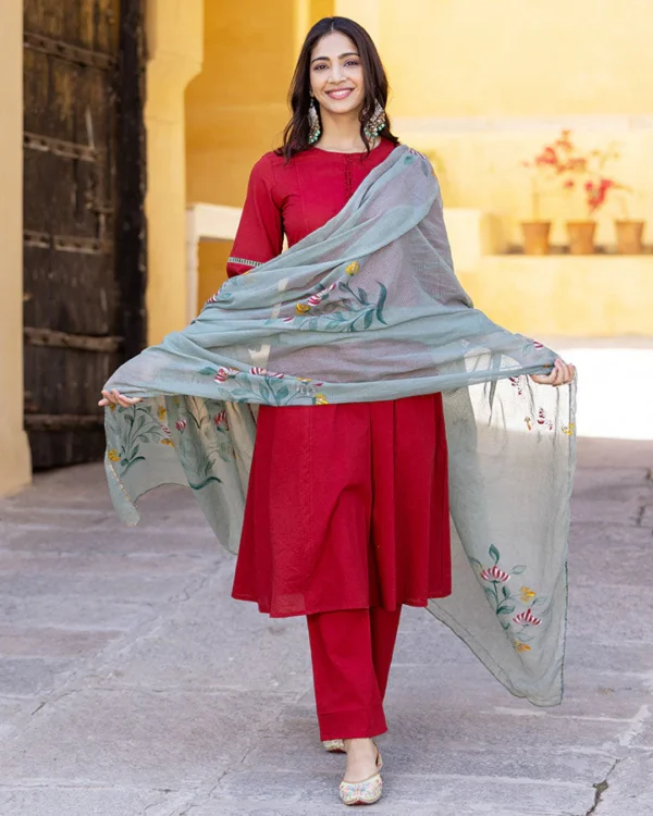 Women Crimson Handpainted Suit Set