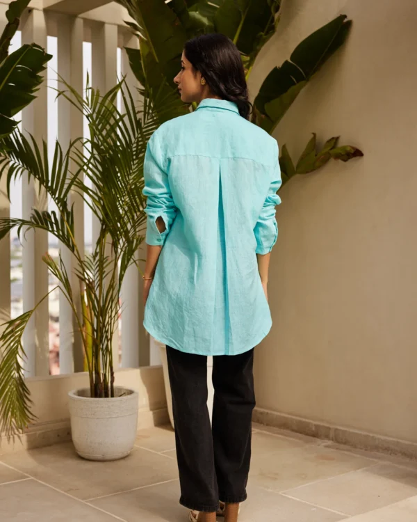 Women Sky Blue Pure Linen Shirt - Image 5
