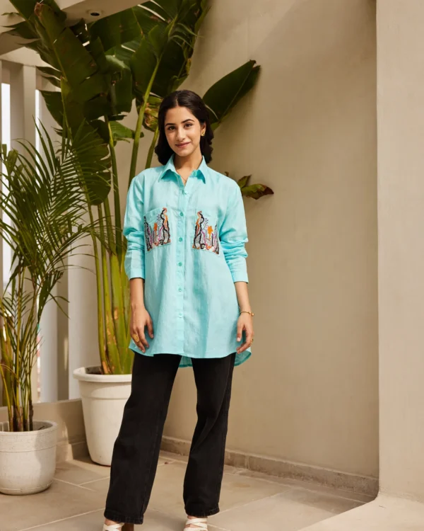Women Sky Blue Pure Linen Shirt - Image 6