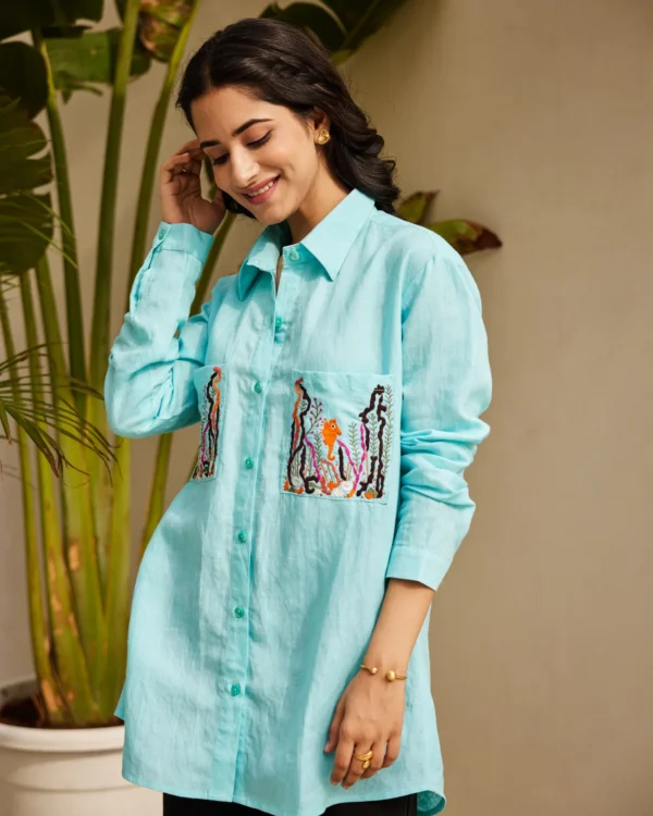 Women Sky Blue Pure Linen Shirt - Image 4
