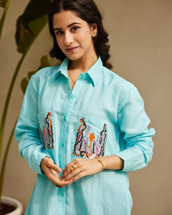 Women Sky Blue Pure Linen Shirt - Image 3