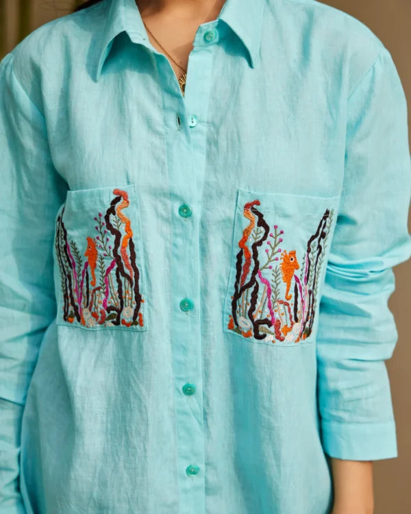 Women Sky Blue Pure Linen Shirt - Image 2