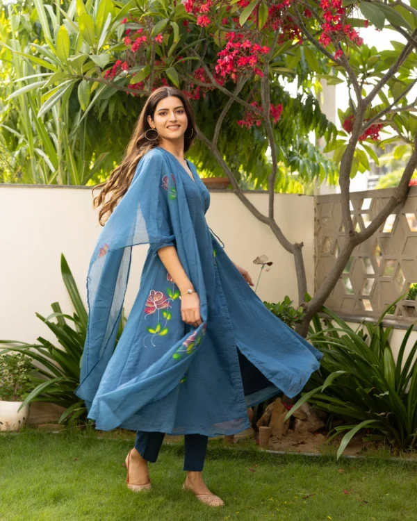 Women The Blue Floral Handpainted Suit Set - Image 4