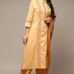 Women Yellow Cotton A-Line Kurta Palazzo Suit Set