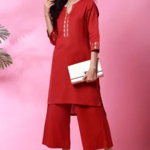 Women Red Cotton Flax Straight Kurta Pants Set