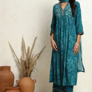 Women Teal Blue Floral Printed Flared Suit Set