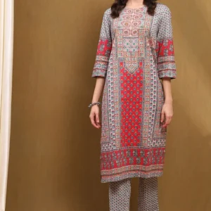 Women Beige and Blue Cotton Printed Straight Kurta Set