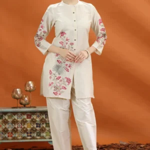 Women Cream Poly Silk Straight Embroidered Kurta and Pant Set