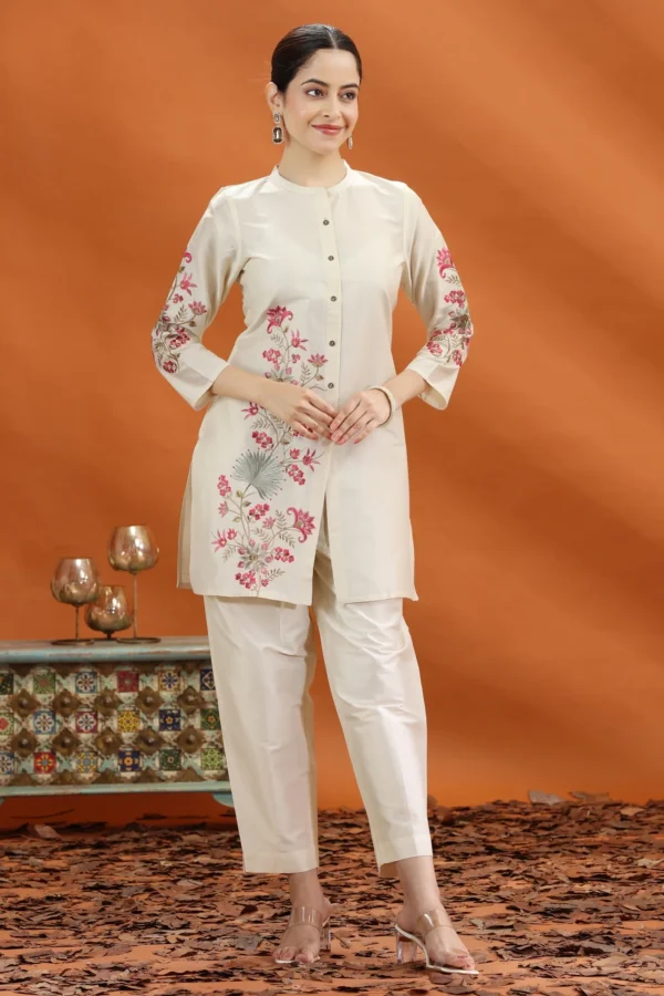 Women Cream Poly Silk Straight Embroidered Kurta and Pant Set