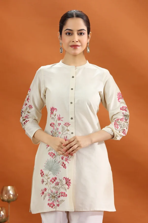 Women Cream Poly Silk Straight Embroidered Kurta and Pant Set - Image 3