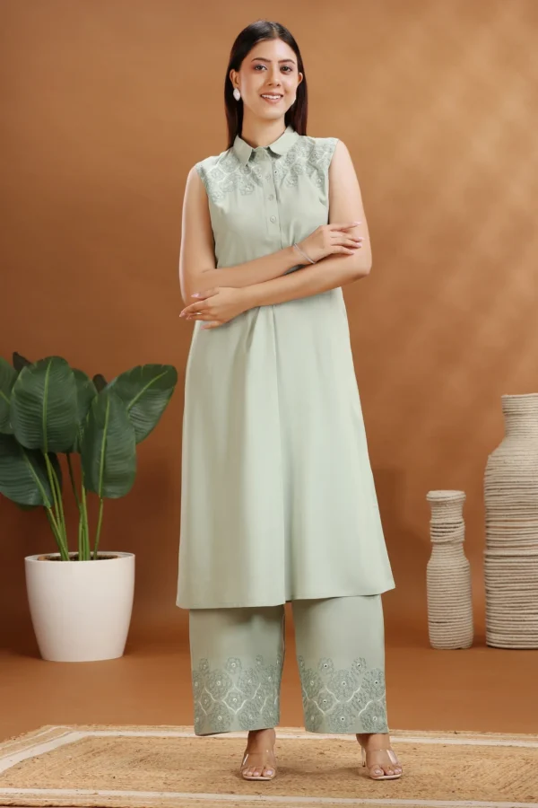 Women Mint Green Rayon Embroidered A Line Sleeveless Kurta and Pant Set