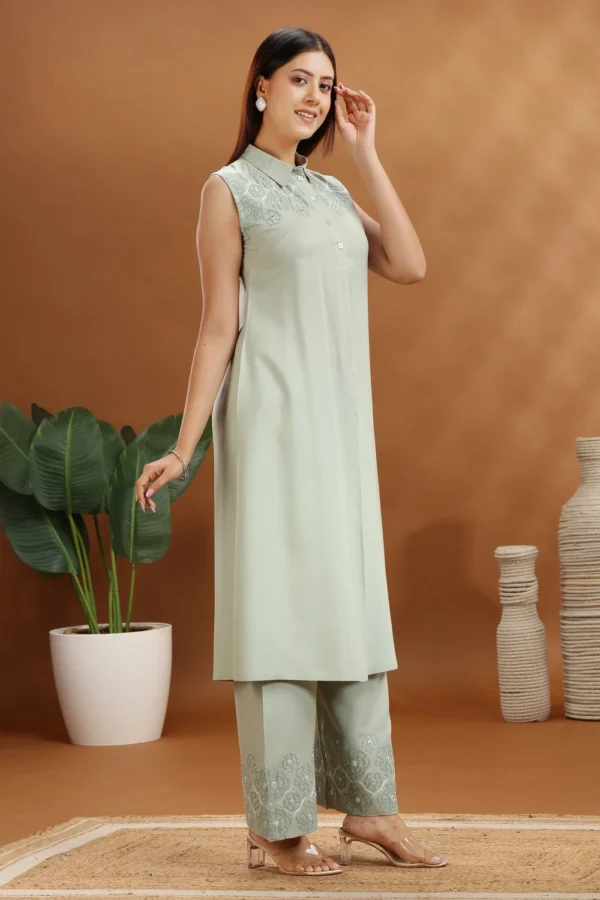 Women Mint Green Rayon Embroidered A Line Sleeveless Kurta and Pant Set - Image 5