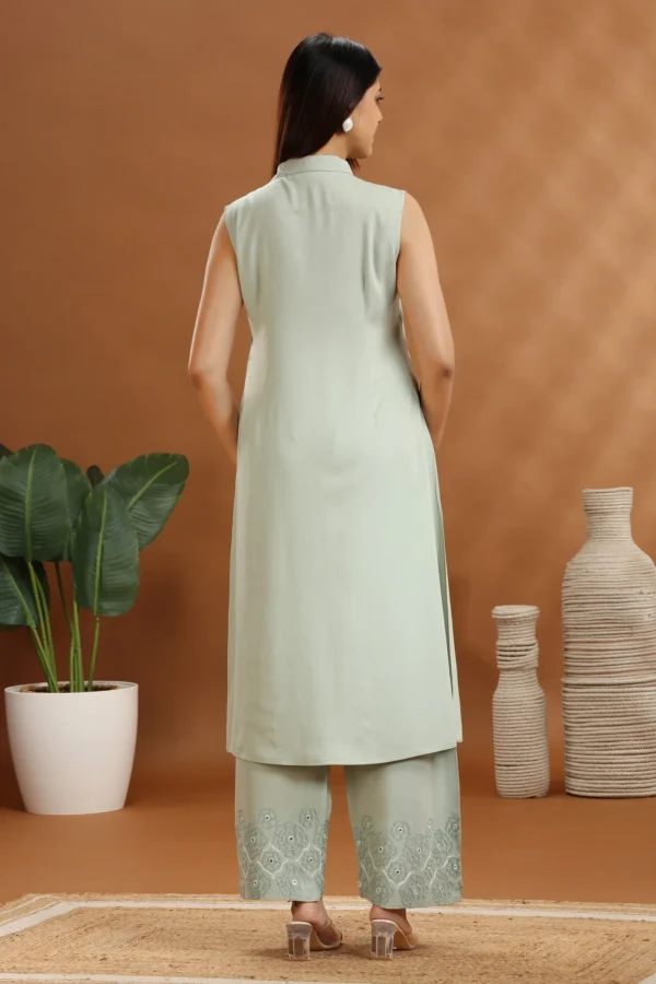 Women Mint Green Rayon Embroidered A Line Sleeveless Kurta and Pant Set - Image 2