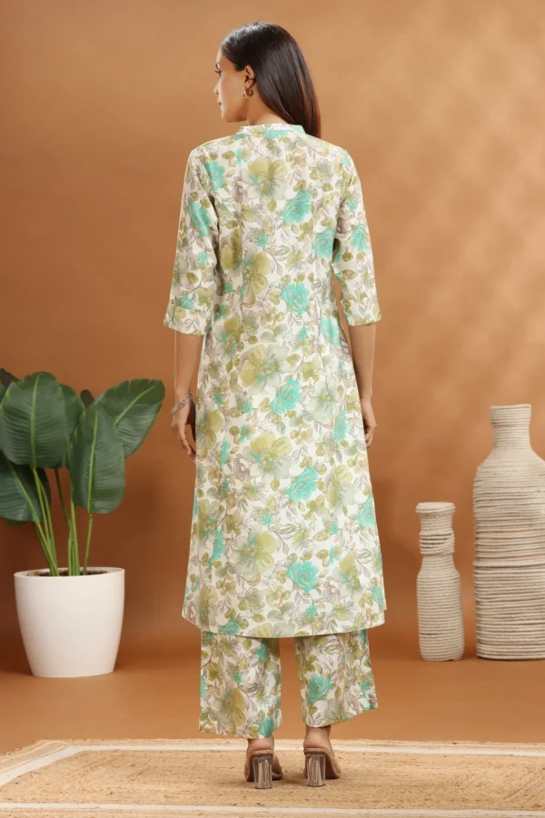 Women Off White & Green Jaipuri Cotton Floral Printed Straight Kurta and Pant Set - Image 2