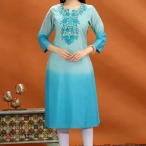 Women Teal Chanderi Straight Embroidered Kurta