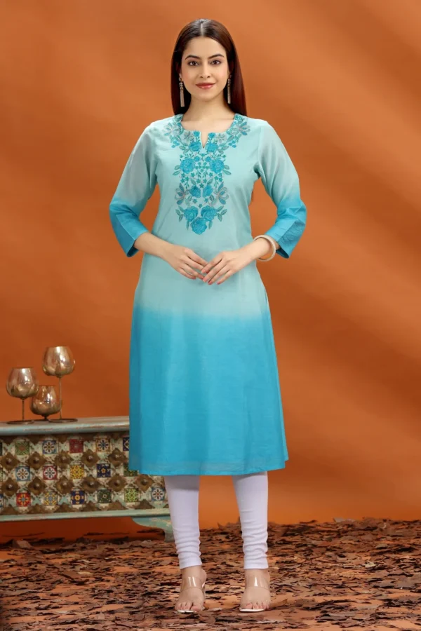 Women Teal Chanderi Straight Embroidered Kurta