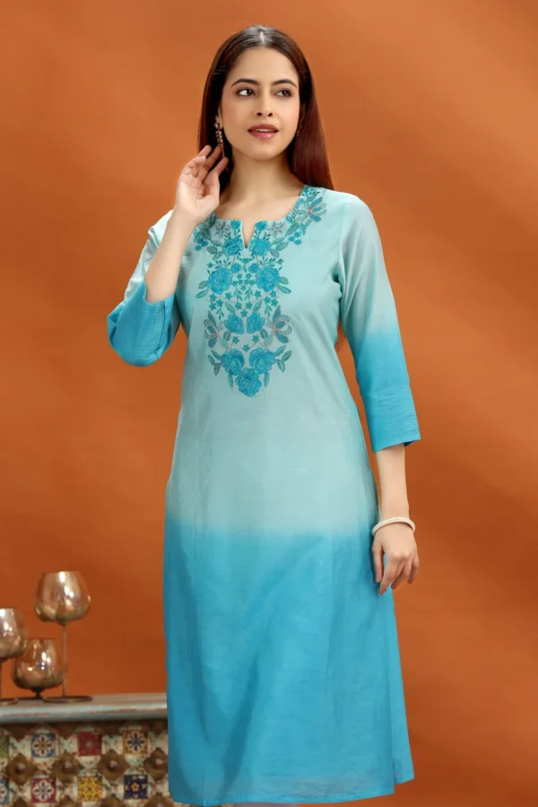 Women Teal Chanderi Straight Embroidered Kurta - Image 3