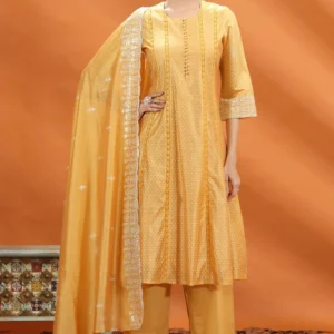 Women Yellow Chanderi Kalidar Embroidered Kurta Palazzo and Dupatta Set