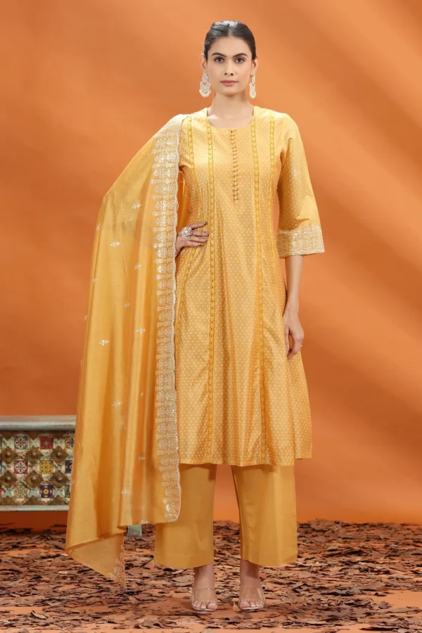 Women Yellow Chanderi Kalidar Embroidered Kurta Palazzo and Dupatta Set