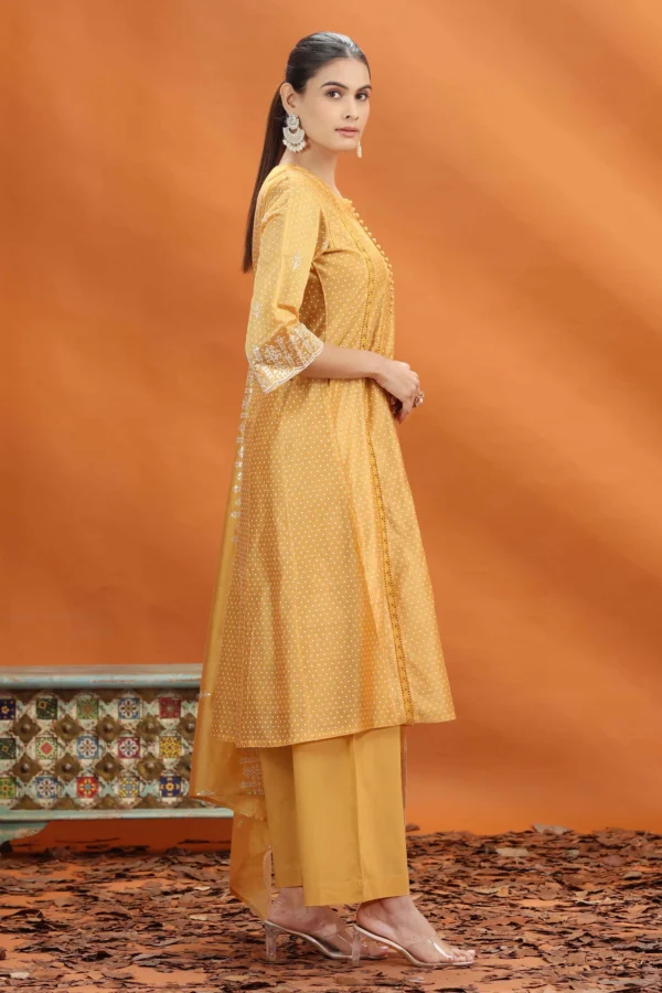 Women Yellow Chanderi Kalidar Embroidered Kurta Palazzo and Dupatta Set - Image 2