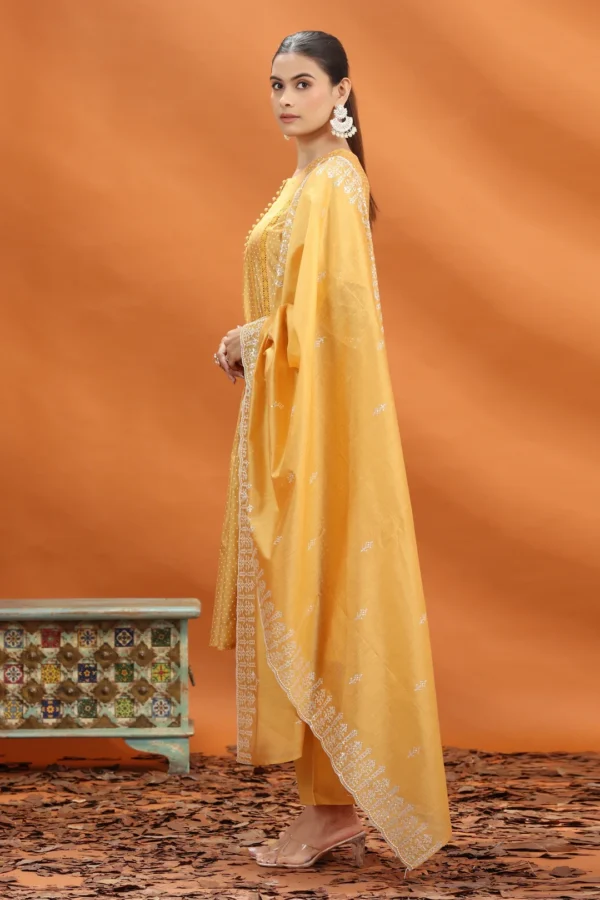 Women Yellow Chanderi Kalidar Embroidered Kurta Palazzo and Dupatta Set - Image 6